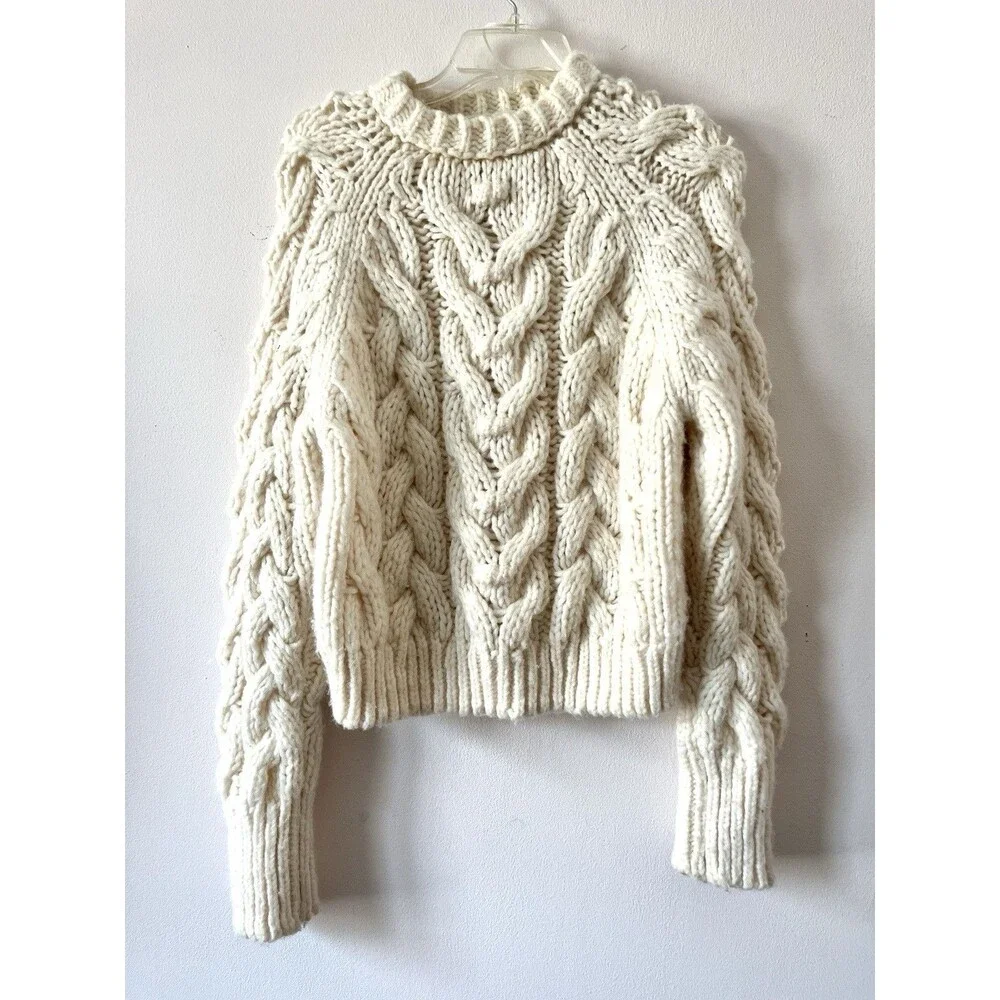 Zara Chunky Cable Knit Cropped Cream Ivory Sweater Size S Cozy Cottagecore - Picture 2 of 6